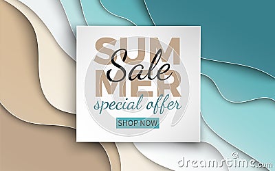 Summer sale banner with paper cut frame on blue sea and beach summer background with curve paper waves and seacoast for design Vector Illustration