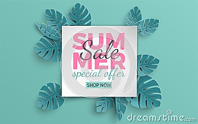 Summer sale banner with paper cut frame and tropical plants on green background, floral design for banner, flyer, poster Vector Illustration