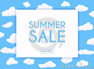 Summer Sale Banner. Poster, Flyer. Cartoon white clouds on blue background. Vector illustration Vector Illustration