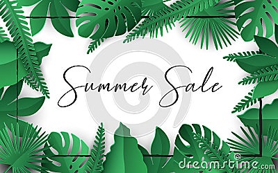 Summer sale banner. Poster tropical leaves vector design with black frame on a white background Vector Illustration