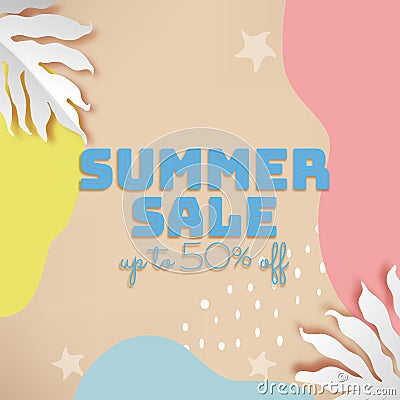 Summer sale banner with purple tropical leaves background, exotic tropical leaves design for banner, flyer, invitation, poster, w Cartoon Illustration