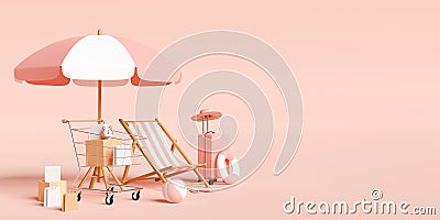 Summer sale banner, Shopping cart with beach accessories, luggage on pink background Cartoon Illustration