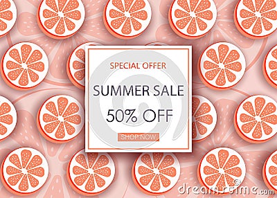 Summer sale banner with sliced grapefruit pieces and dotted pattern. Orange background - template for seasonal discounts, vector Cartoon Illustration