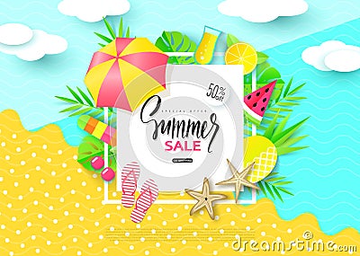 Summer Sale banner with Sweet Travel Vacation Elements. Paper Art. Tropical plants, pineapple, ice cream, cherry, orange, cocktail Stock Photo