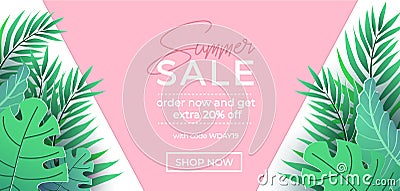 Summer sale banner in trendy style with pink and green tropical leaves for promotion of cosmetic, fashion, accessorize etc. Modern Vector Illustration