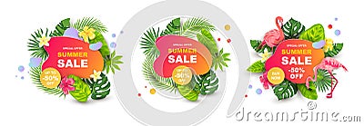 Summer sale banner with tropical leaves, flower, flamingo Vector Illustration