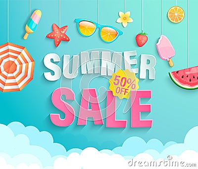 Summer 2020 sale banner wih hot season elements. Vector Illustration