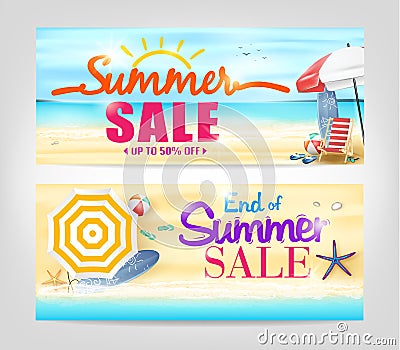 Summer Sale Banners in a beach Background Vector Illustration