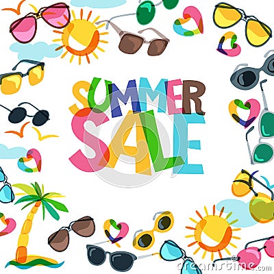 Summer sale banners with colorful hand drawn sunglasses, palms and sun. Vector Illustration