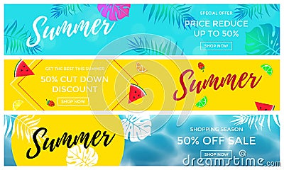 Summer sale banners of fruits and palm leaf vector online shopping flyer Vector Illustration