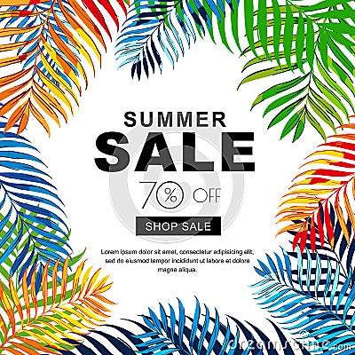 Summer sale banners with multicolor coconut palm leaves. Vector tropical poster background. Vector Illustration