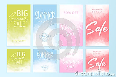 Summer sale banners. Watercolor templates for social media story post design, mobile app, internet ads. Stock Photo