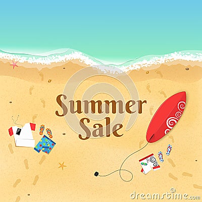 Summer Sale. Cartoon sea beach. Top view of the beach. Accessories, clothes and a surfboard on the sandy beach. Beautiful text on Cartoon Illustration
