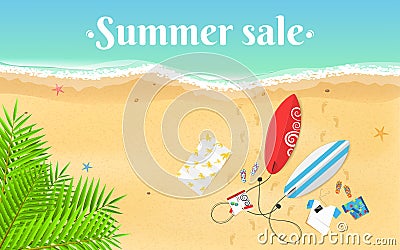 Summer Sale. Cartoon sea beach. Top view of the beach. Accessories, clothes and surfboards on a sandy beach. White text on the wat Cartoon Illustration