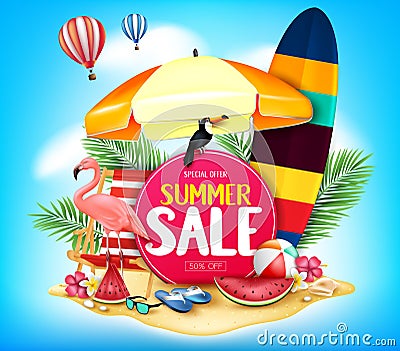 Summer Sale in Cloudy Blue Background with Realistic Toucan, Flamingo Vector Illustration