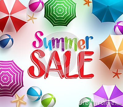 Summer Sale in Colorful Umbrella Background with Beach Balls Vector Illustration