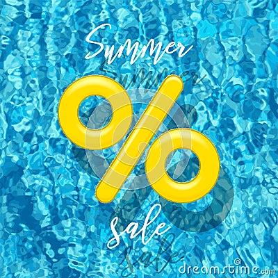 Summer Sale design template. Vector percent sign made of yellow swimming rings and Summer Sale text on blue pool water Vector Illustration