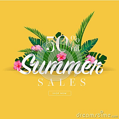 Summer sale discount End of season banner on location beautiful beach background. Vector Illustration