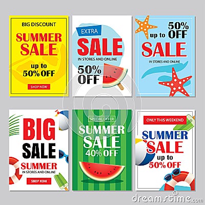 Summer sale emails and banners mobile templates. Vector illustrations for website, posters, brochure, voucher discount, flyers, n Vector Illustration