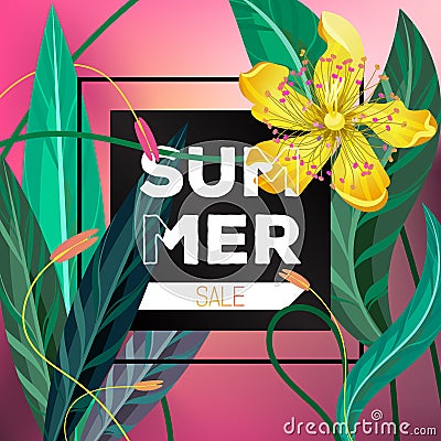 Summer sale floral voucher flyer vector template Vector Illustration