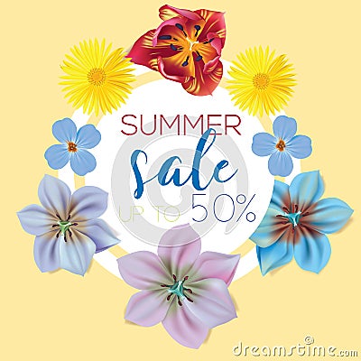 Summer sale Flower banner with text on yellow background with beautiful flowers. Artistic design vector banners Vector Illustration