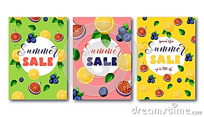 Summer sale flyers set with bright colorful fruits on green, pink and yellow background. Vector Illustration