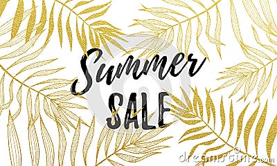 Summer sale gold palm leaf pattern background for seasonal discount promo shopping Vector Illustration