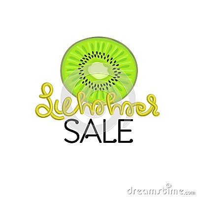 Summer sale. Hand drawn lettering with kiwi. Green tropical fruit. Discount. Shopping. Commerce Vector Illustration