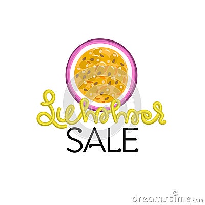 Summer sale. Hand drawn lettering with passion fruit. Colorful tropical fruits. Discount. Shopping. Commerce Vector Illustration