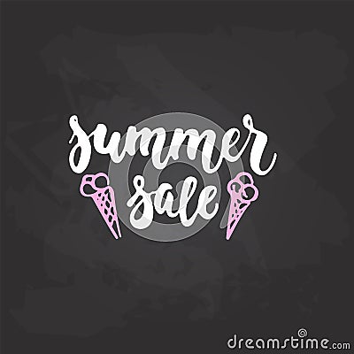 Summer Sale - hand drawn lettering phrase on the black chalkboard background. Fun brush ink inscription for photo Vector Illustration