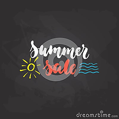 Summer Sale - hand drawn lettering phrase on the black chalkboard background. Fun brush ink inscription for photo Vector Illustration