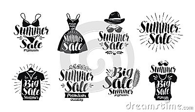 Summer sale, label set. Fashion, boutique, clothes shop, shopping icon or logo. Handwritten lettering, calligraphy Vector Illustration