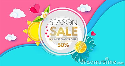 Summer Sale Layout Design Template. Paper Art. Season Offer Banner with Circle Banner, Citrus, Plumeria, Starfish, Sun Vector Illustration