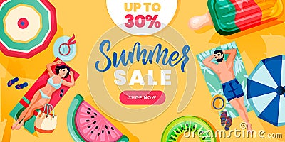 Summer sale lettering, banner design template. Season discount poster background. People on beach vector illustration Vector Illustration