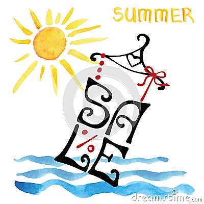 Summer Sale lettering.Shirt,watercolor sun,sea wave.Typographic Vector Illustration