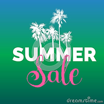 Summer sale lettering vector background. Season discount illustration. Special offer poster with hand drawn palms. Vector Illustration