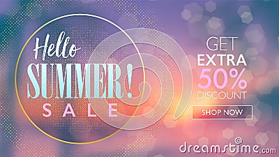 Summer sale marketing design banner with sunset beach background with bokeh. Vector Illustration