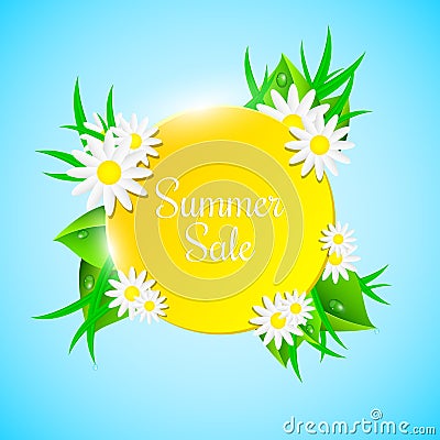 Summer Sale. Orange light banner. Fresh leaves, grass and flowers. Beautiful chamomile. Drops of dew. Brilliant water flows down. Cartoon Illustration