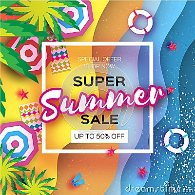 Summer Sale in paper cut style. Origami Beach rest. Summer vacantion poster. Top view on colorful beach elements. Square Vector Illustration