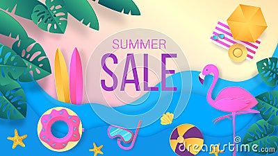 Summer sale paper cut. Travel and vacation discount banner with top view of sea beach with waves and leaves. Vector sale Vector Illustration