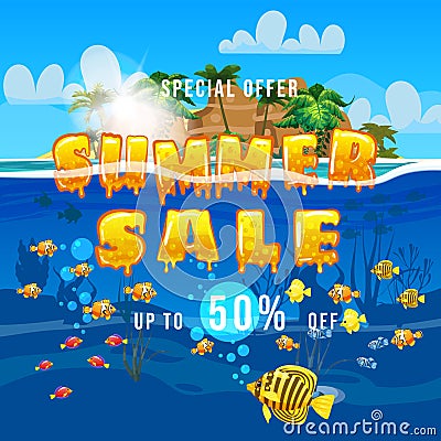 Summer Sale poster template. Exotic island, underwater life, fishes, seaweeds, palms, sun, sky Vector Illustration