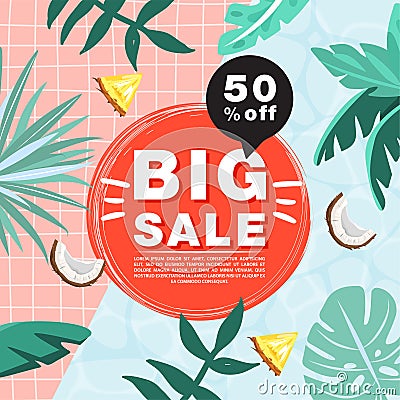 Summer sale promotion banner template. Palm leaves, coconut and pineapple for seasonal sales. Vector Illustration