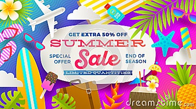 Summer sale promotion banner. Vacation, holidays and travel colorful bright background. Poster or flyer design. Vector Illustration