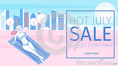 Summer sale promotion web banner with beautiful bikini girl sunbathing on a beach. Holiday or weekend vacation social media Vector Illustration