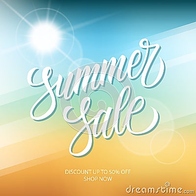 Summer Sale promotional banner. Summertime seasonal special offer background with hand lettering and summer sun for business. Vector Illustration
