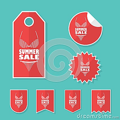 Summer sale stickers with woman bikini. Red Vector Illustration