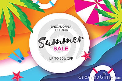 Summer Sale Template banner. Beach rest. Summer vacantion. Top view on colorful beach elements. Circle frame with space Vector Illustration