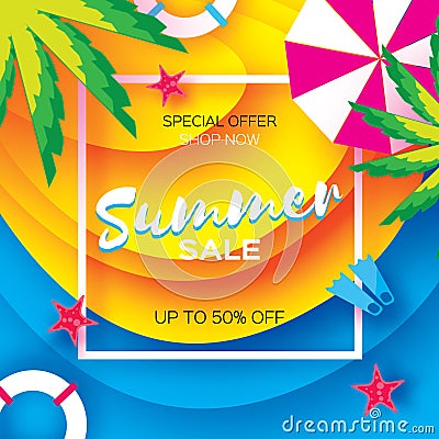 Summer Sale Template banner. Beach rest. Summer vacantion. Top view on colorful beach elements. Square frame with space Vector Illustration