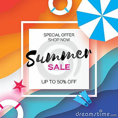 Summer Sale Template banner. Beach rest. Summer vacantion. Top view on colorful beach elements. Square frame with space Vector Illustration