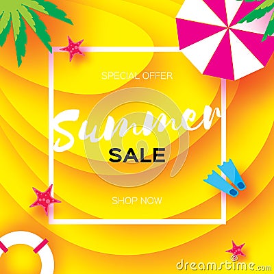 Summer Sale Template banner. Beach rest. Summer vacantion. Top view on colorful beach elements. Square frame with space Vector Illustration